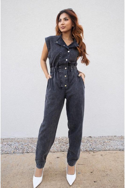 Elan Black Denim Sleeveless Jumpsuit-Jumpsuits-KCoutureBoutique, women's boutique in Bossier City, Louisiana