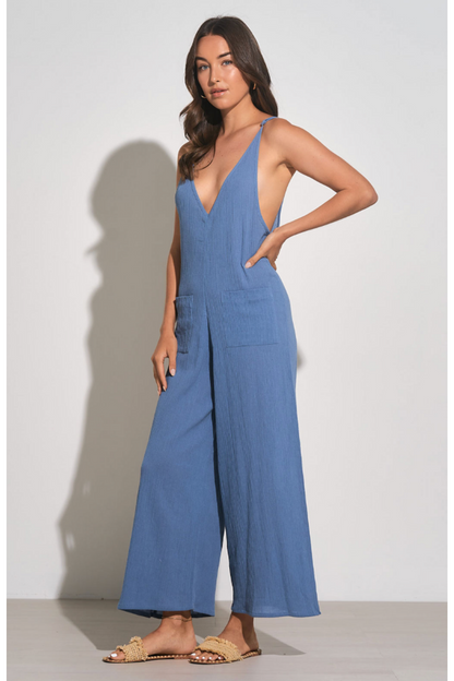 Elan Blue Gauze Wide Leg Jumpsuit-Jumpsuits-KCoutureBoutique, women's boutique in Bossier City, Louisiana