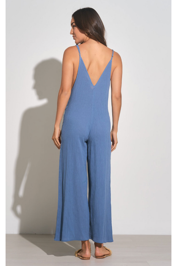 Elan Blue Gauze Wide Leg Jumpsuit-Jumpsuits-KCoutureBoutique, women's boutique in Bossier City, Louisiana