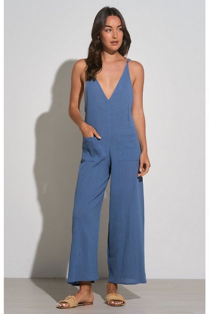 Elan Blue Gauze Wide Leg Jumpsuit-Jumpsuits-KCoutureBoutique, women's boutique in Bossier City, Louisiana