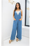 Elan Blue Gauze Wide Leg Jumpsuit-Jumpsuits-KCoutureBoutique, women's boutique in Bossier City, Louisiana