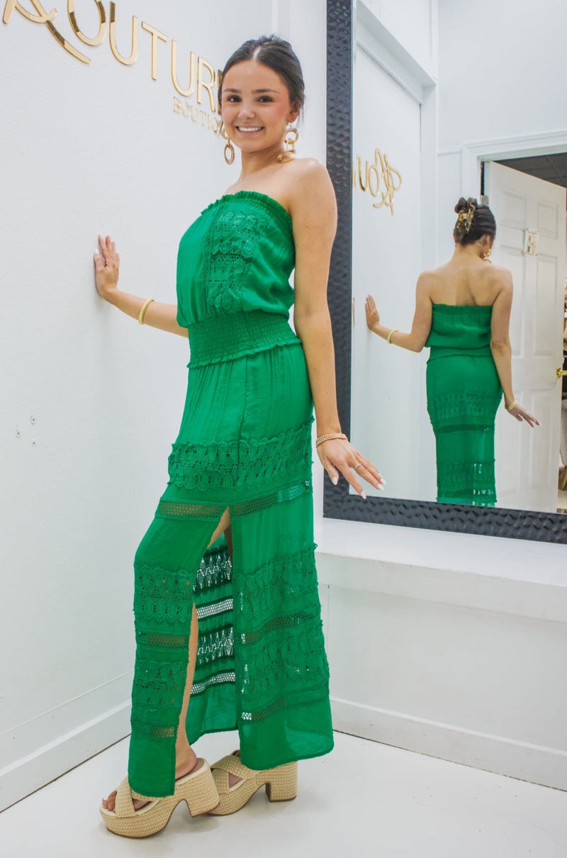 Elan Green Strapless Crochet Maxi Dress