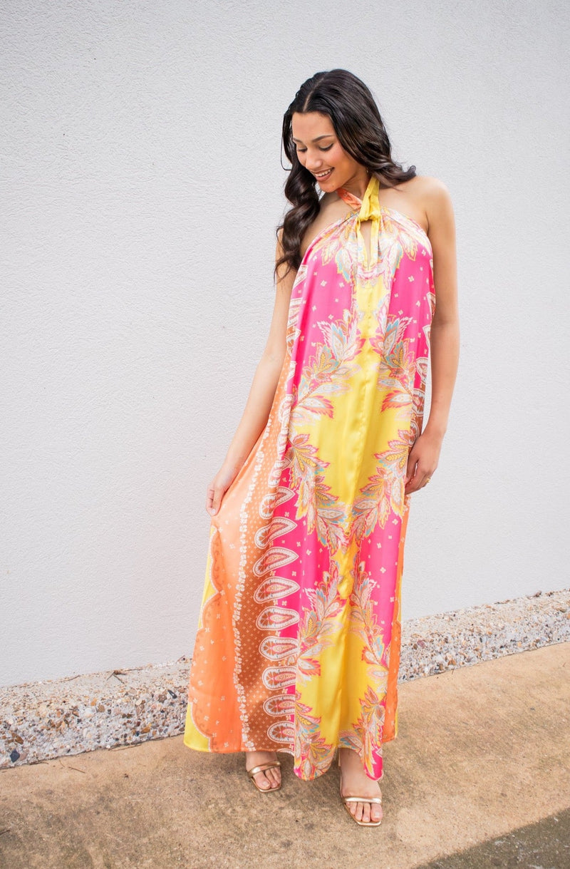 Elan Pink Bali Print Halter Tie Maxi Dress-Dress-KCoutureBoutique, women's boutique in Bossier City, Louisiana