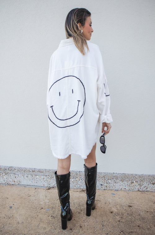 Elan Smiley Face Oversized Denim Jacket-Outerwear-KCoutureBoutique, women's boutique in Bossier City, Louisiana