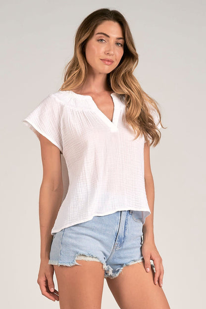 Elan White Gauze V-Neck Top-Tops-KCoutureBoutique, women's boutique in Bossier City, Louisiana