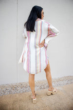 Elan White Multi Stripe Button Up Boyfriend Top-Tops-KCoutureBoutique, women's boutique in Bossier City, Louisiana