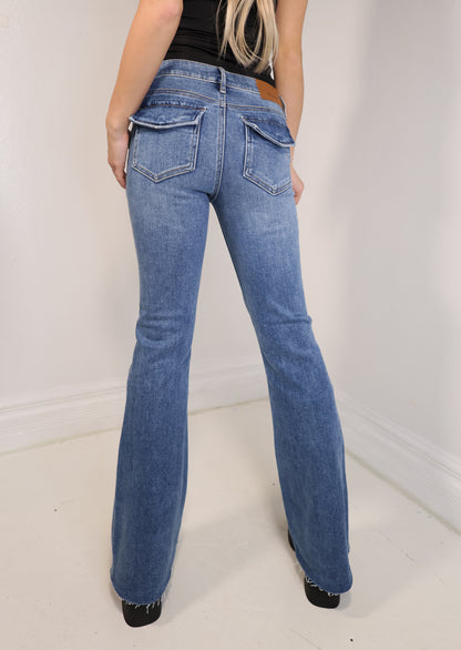 Hidden Mid Rise Utility Pocket Flare Jeans