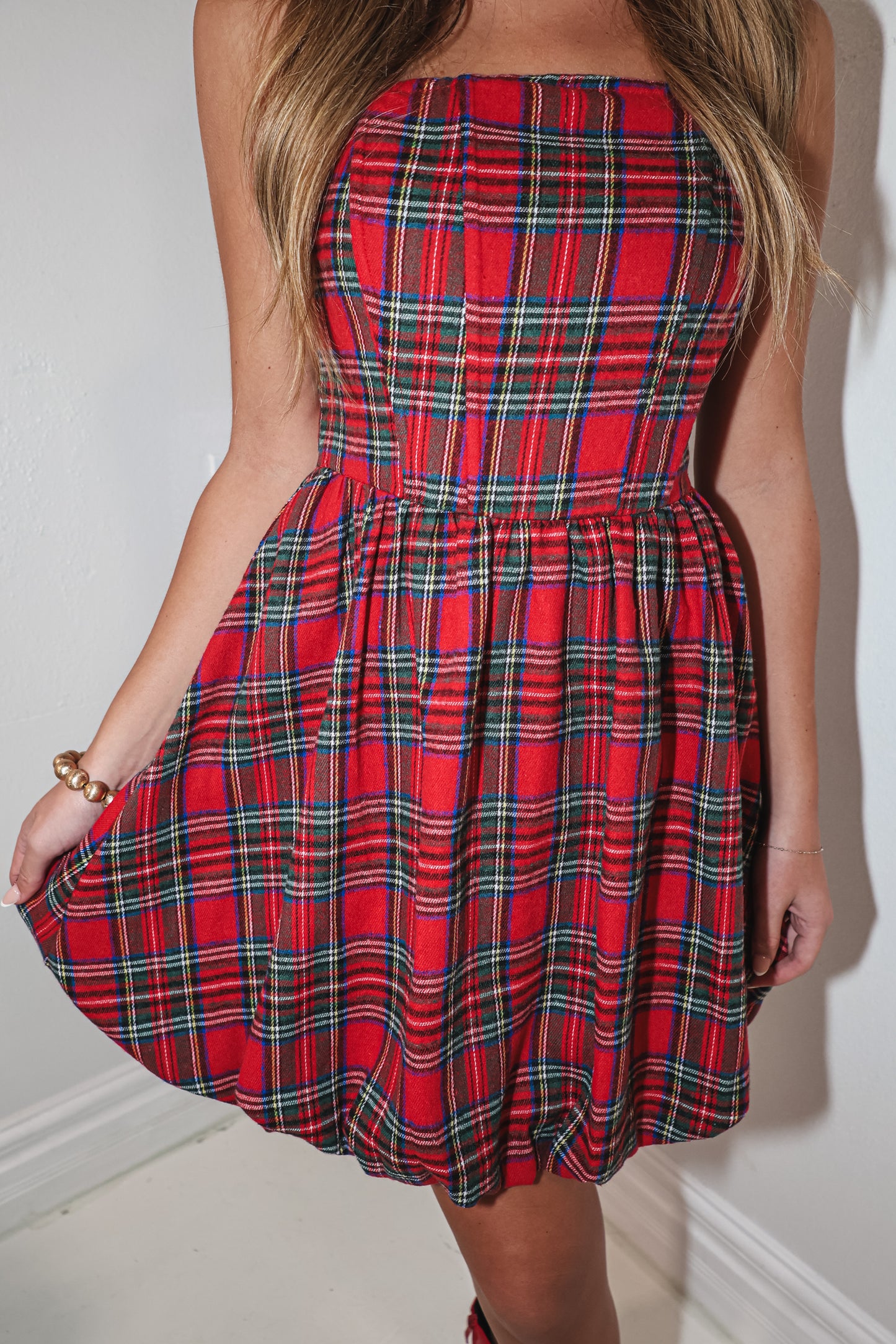 Poppy Plaid Strapless Bubble Mini Dress