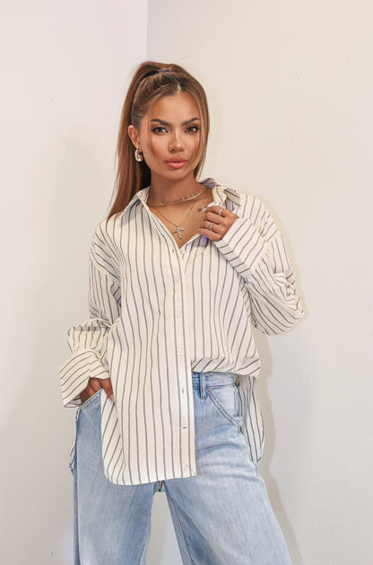 Elan Grey Striped Buttoned Down Top