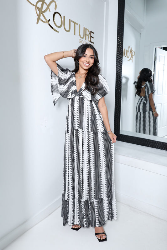 Elan Open Back Ruffle Sleeve Maxi Dress