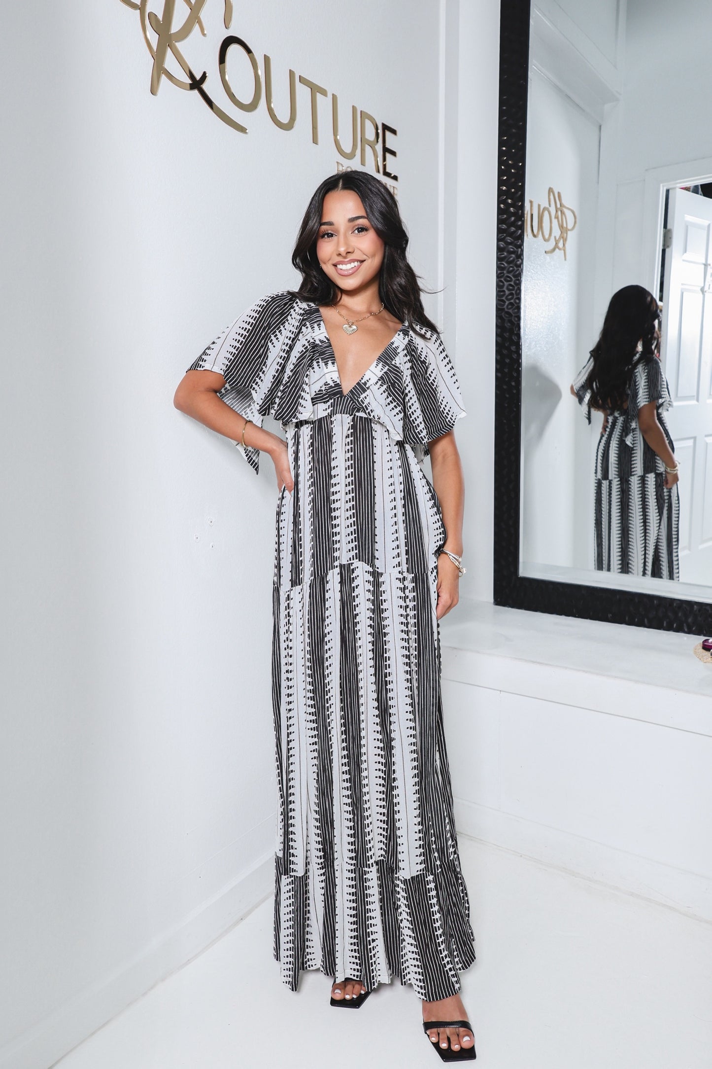 Elan Open Back Ruffle Sleeve Maxi Dress