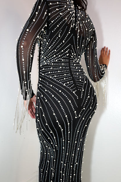 Elegance In Pearl Rhinestone Maxi Dress