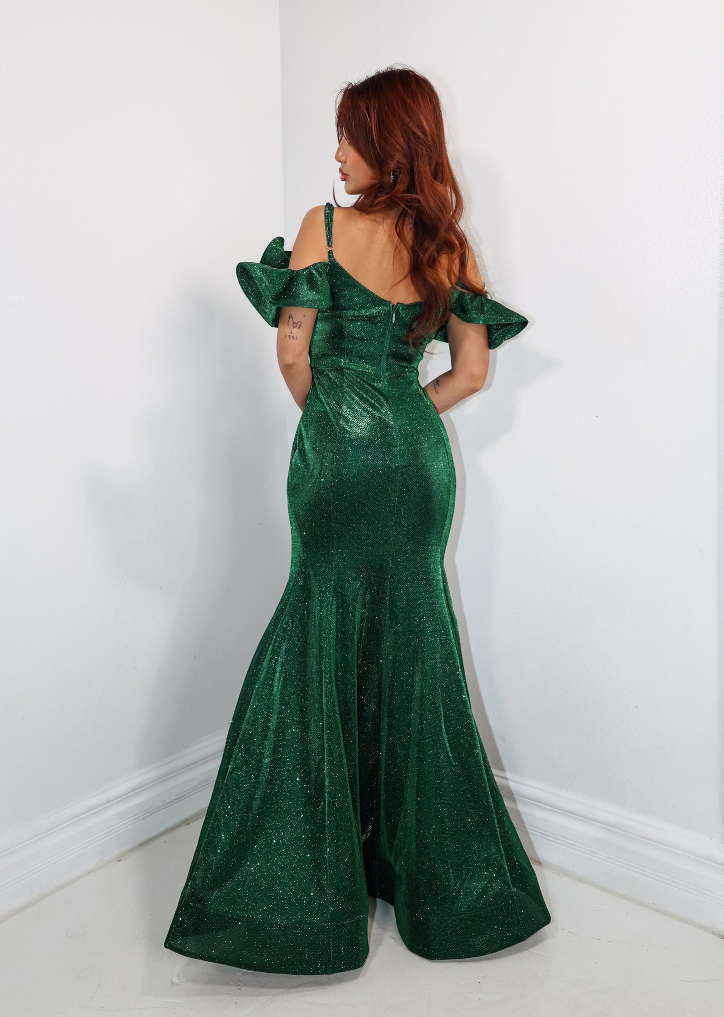 Emerald Enchantment Off Shoulder Gown