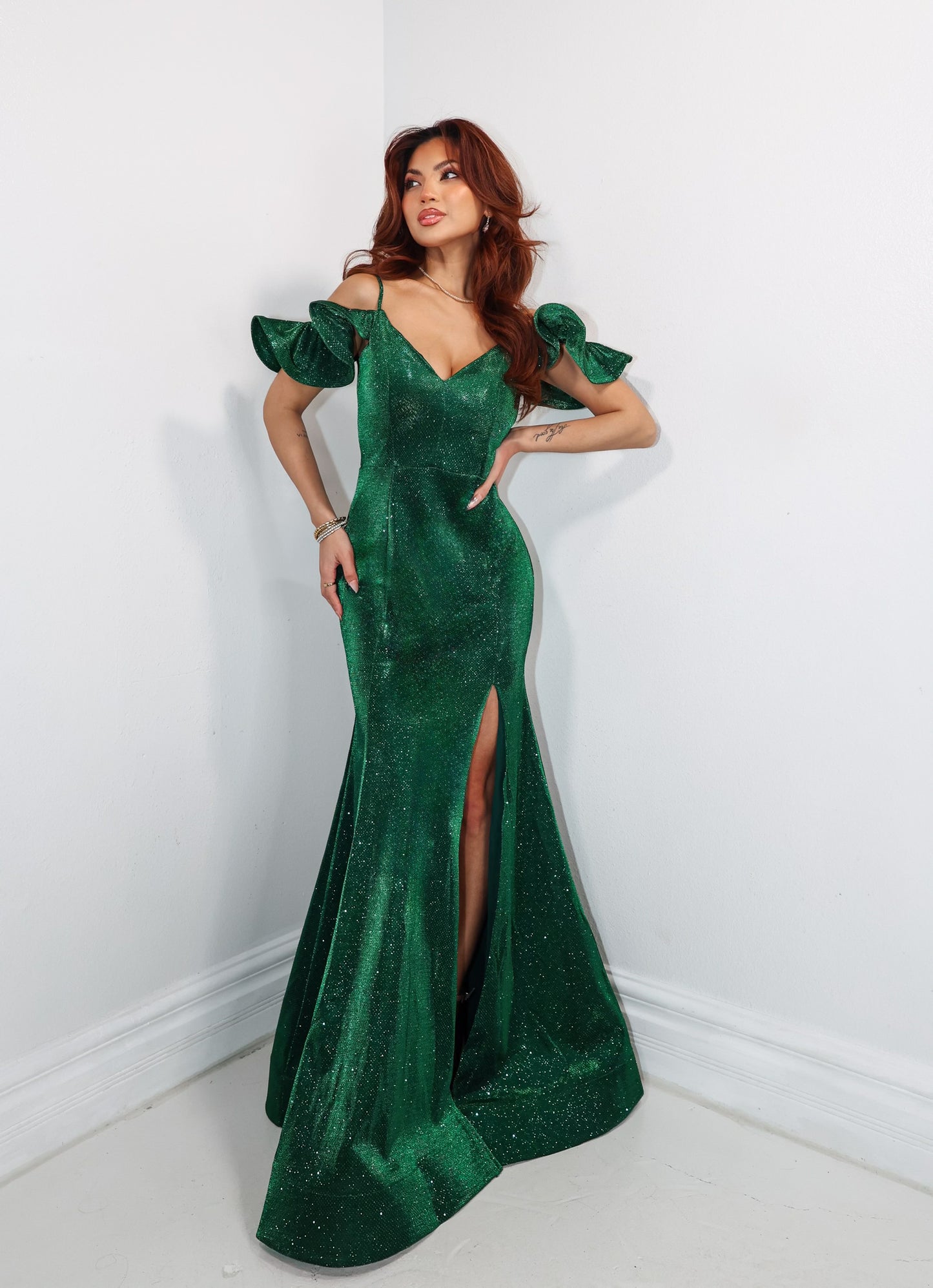 Emerald Enchantment Off Shoulder Gown