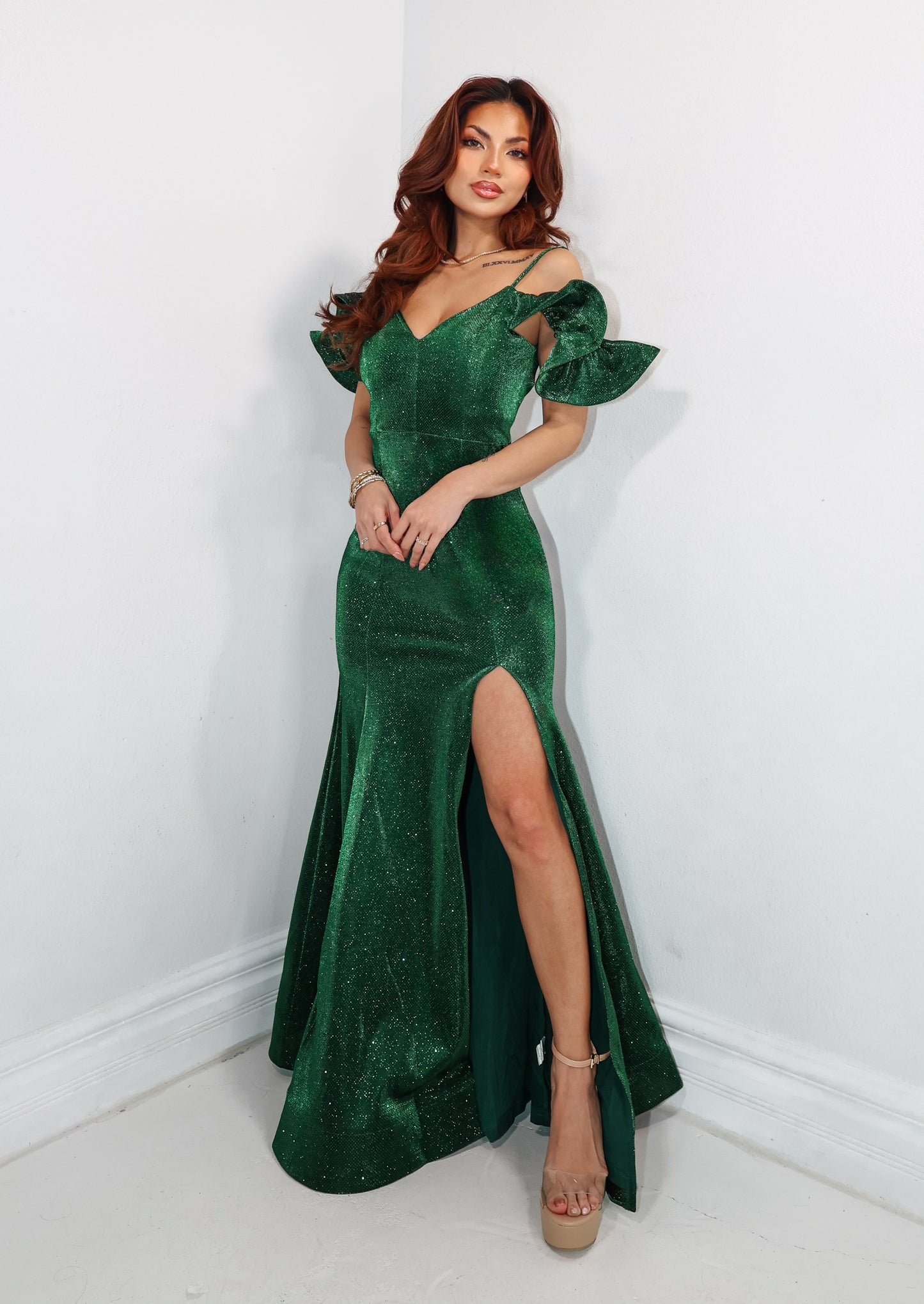 Emerald Enchantment Off Shoulder Gown