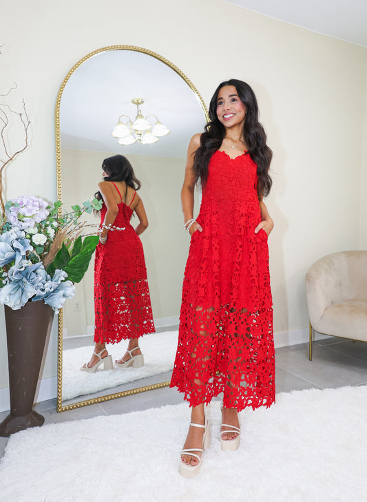 Endless Rose Ruby Red Lace Midi Dress