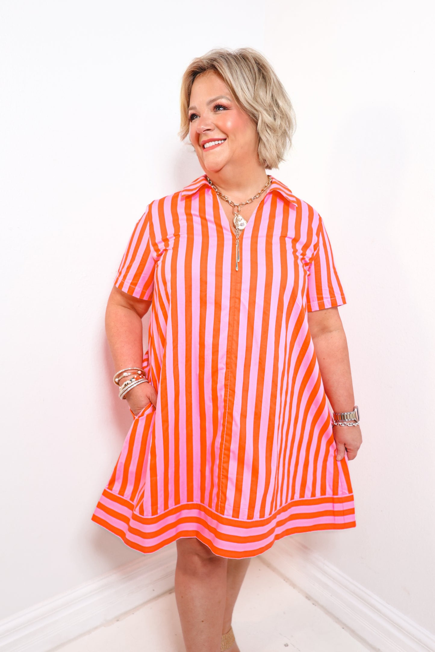 English Factory Peachy Keen Striped Shirt Dress