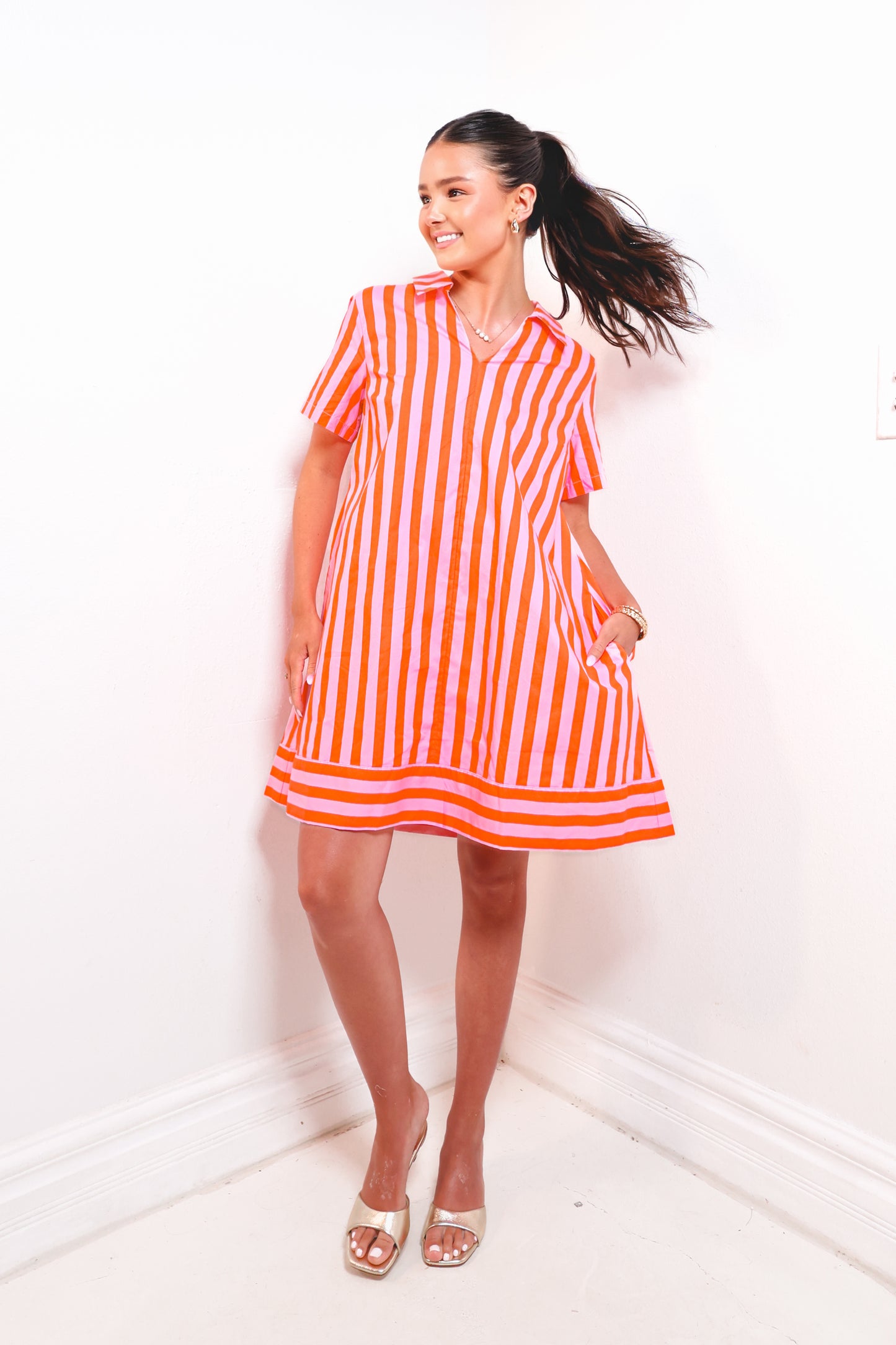 English Factory Peachy Keen Striped Shirt Dress