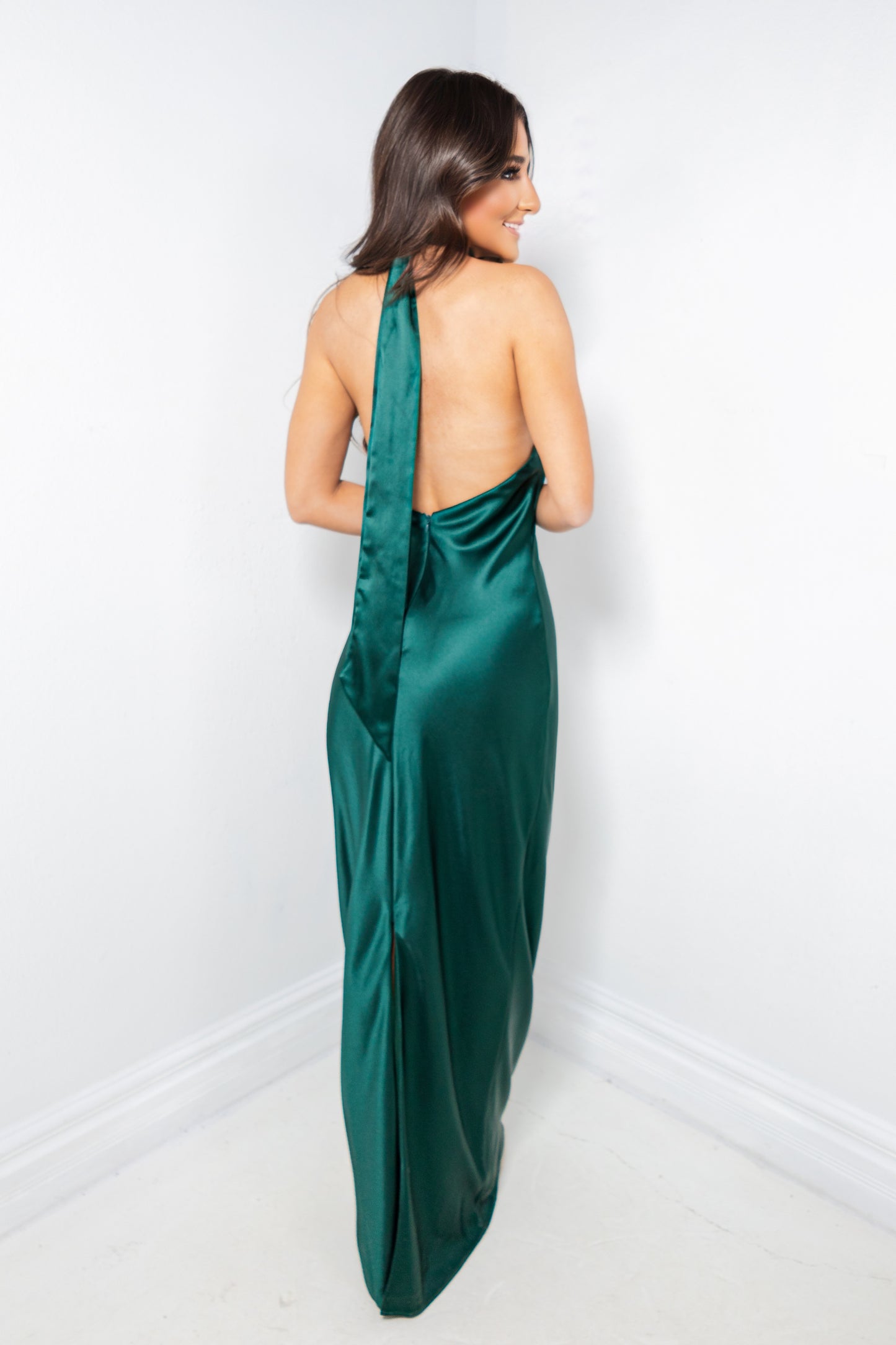 Evergreen Elegance Satin Halter Gown