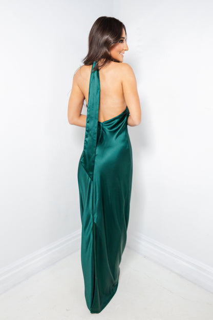Evergreen Elegance Satin Halter Gown