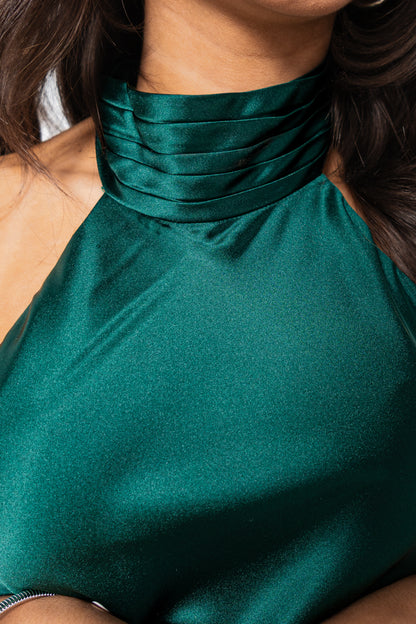 Evergreen Elegance Satin Halter Gown