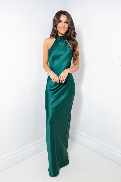 Evergreen Elegance Satin Halter Gown