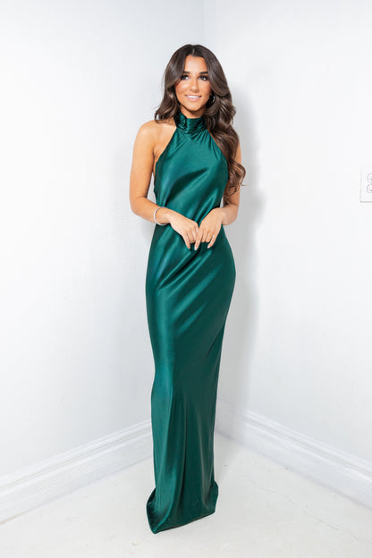 Evergreen Elegance Satin Halter Gown