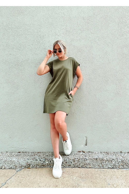 Everyday Olive Studded Sleeve Dress-Dresses-KCoutureBoutique, women's boutique in Bossier City, Louisiana