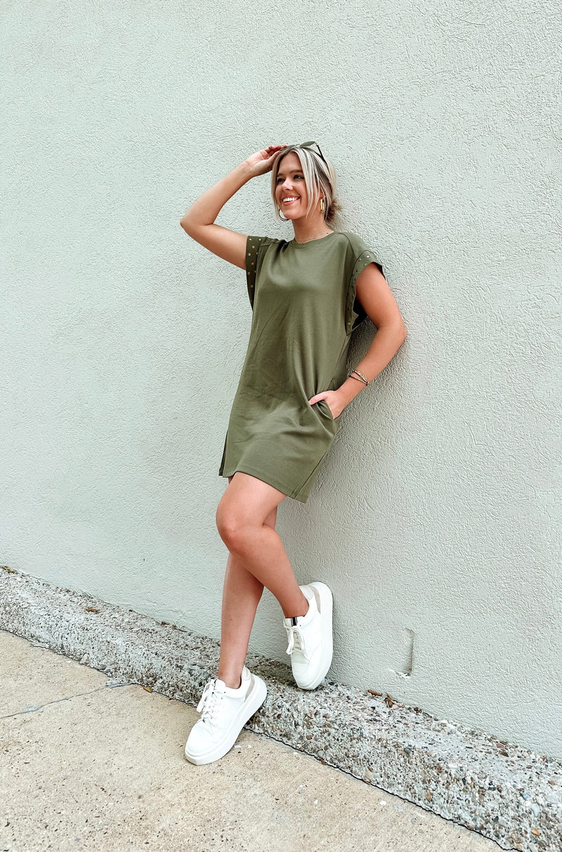 Everyday Olive Studded Sleeve Dress-Dresses-KCoutureBoutique, women's boutique in Bossier City, Louisiana