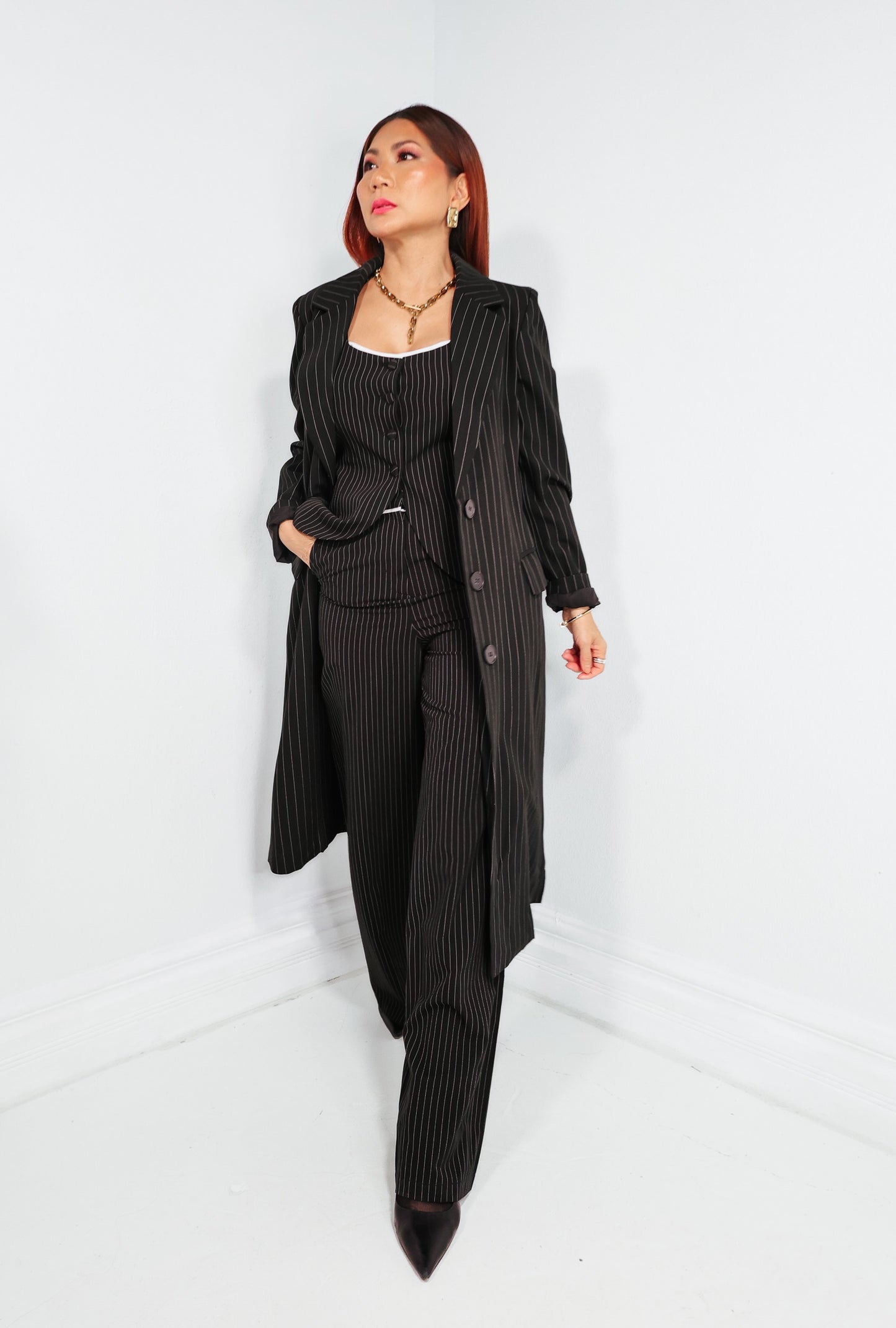 Executive Flair Pinstripe Trench Coat