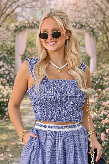 English Factory Pleated Plaid Smocked Tank Top