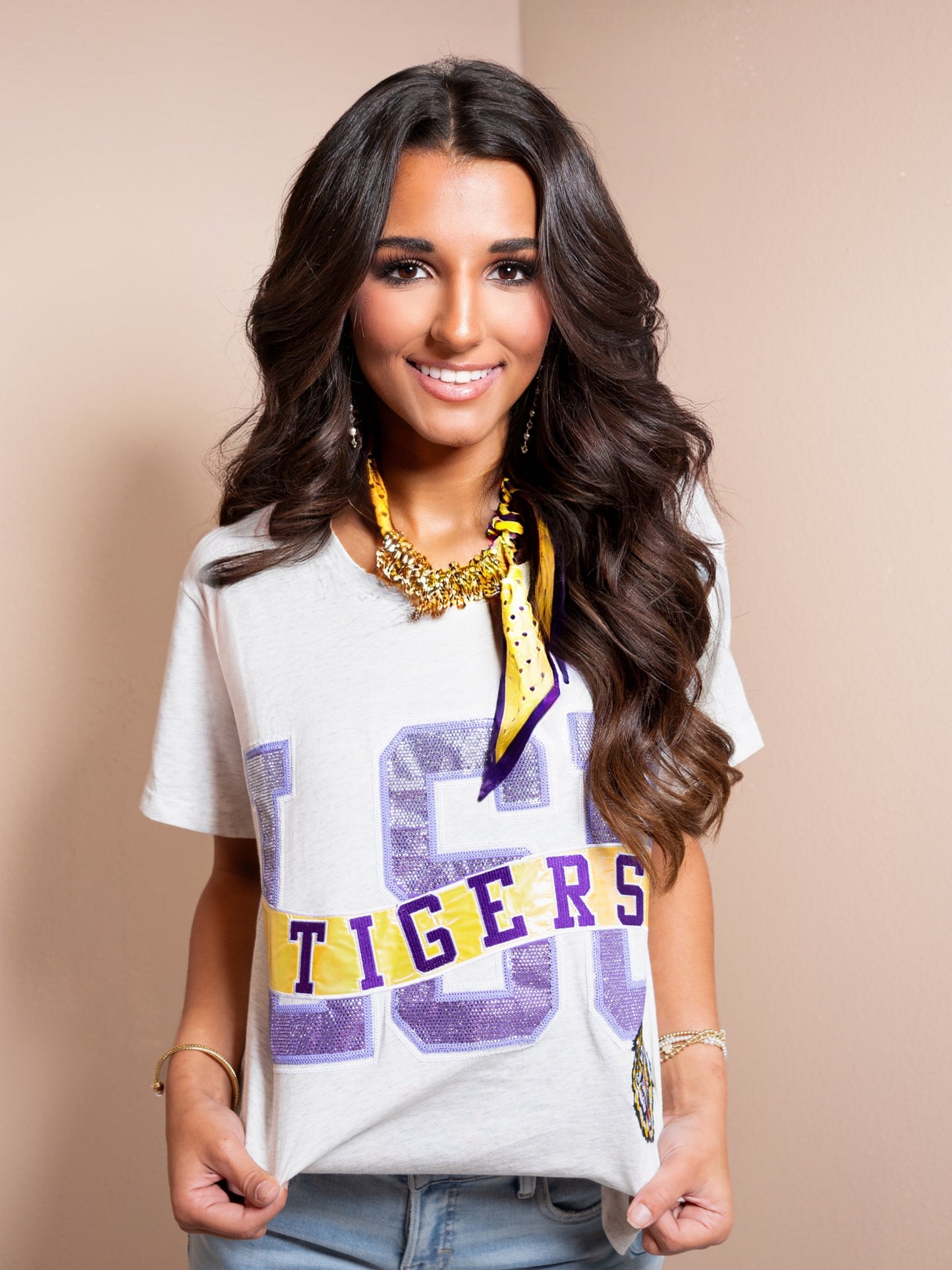 Queen of Sparkles Licensed LSU Rhinestone Metallic Banner Tee