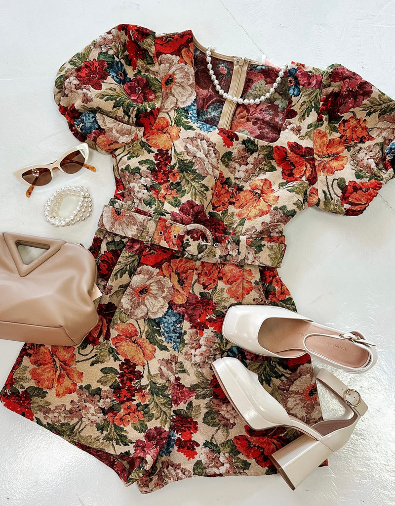 Fall Florals Belted Romper-Dresses-KCoutureBoutique, women's boutique in Bossier City, Louisiana