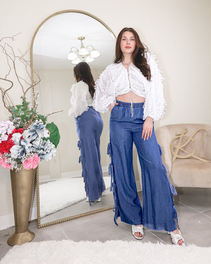 Side Tie Chic Wide Leg Denim Pants