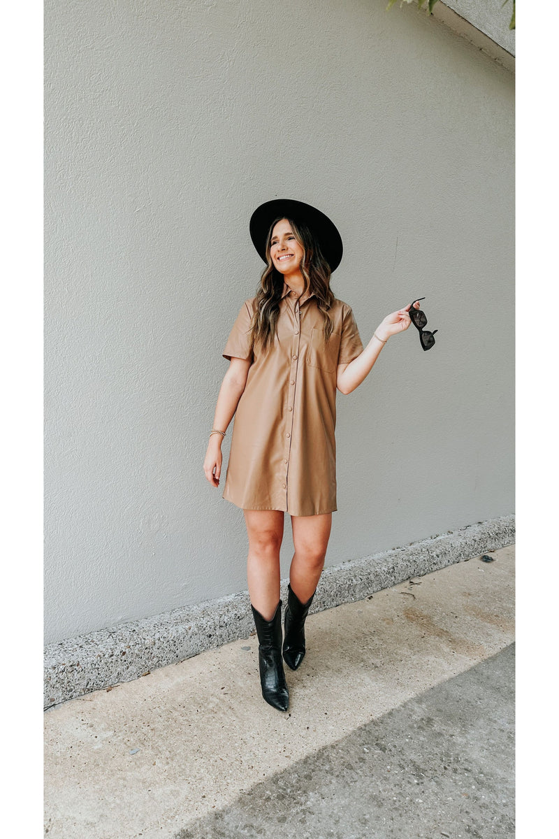 Faux For You Leather Buttoned Mini Dress-Dresses-KCoutureBoutique, women's boutique in Bossier City, Louisiana
