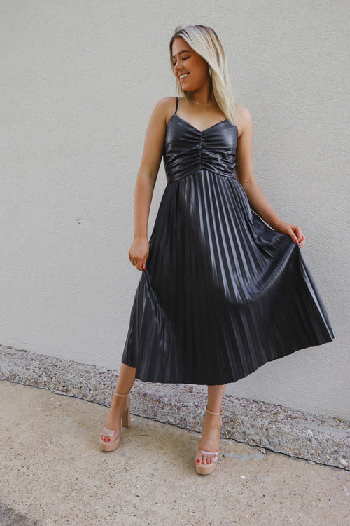 Faux Leather Pleated Midi Dress-Dresses-KCoutureBoutique, women's boutique in Bossier City, Louisiana
