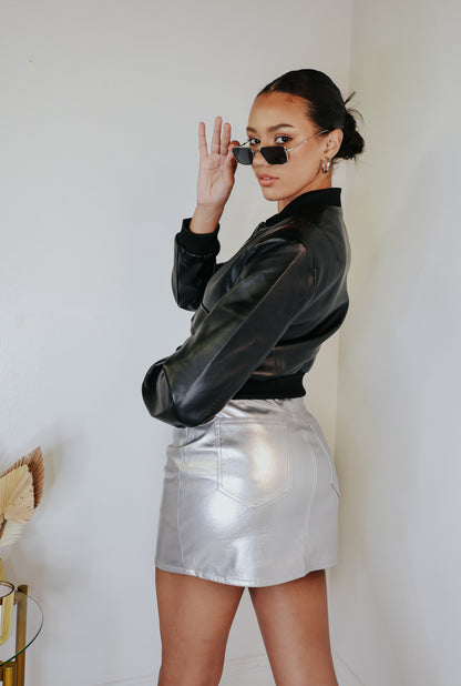 Stellar Silver Faux Leather Mini Skirt