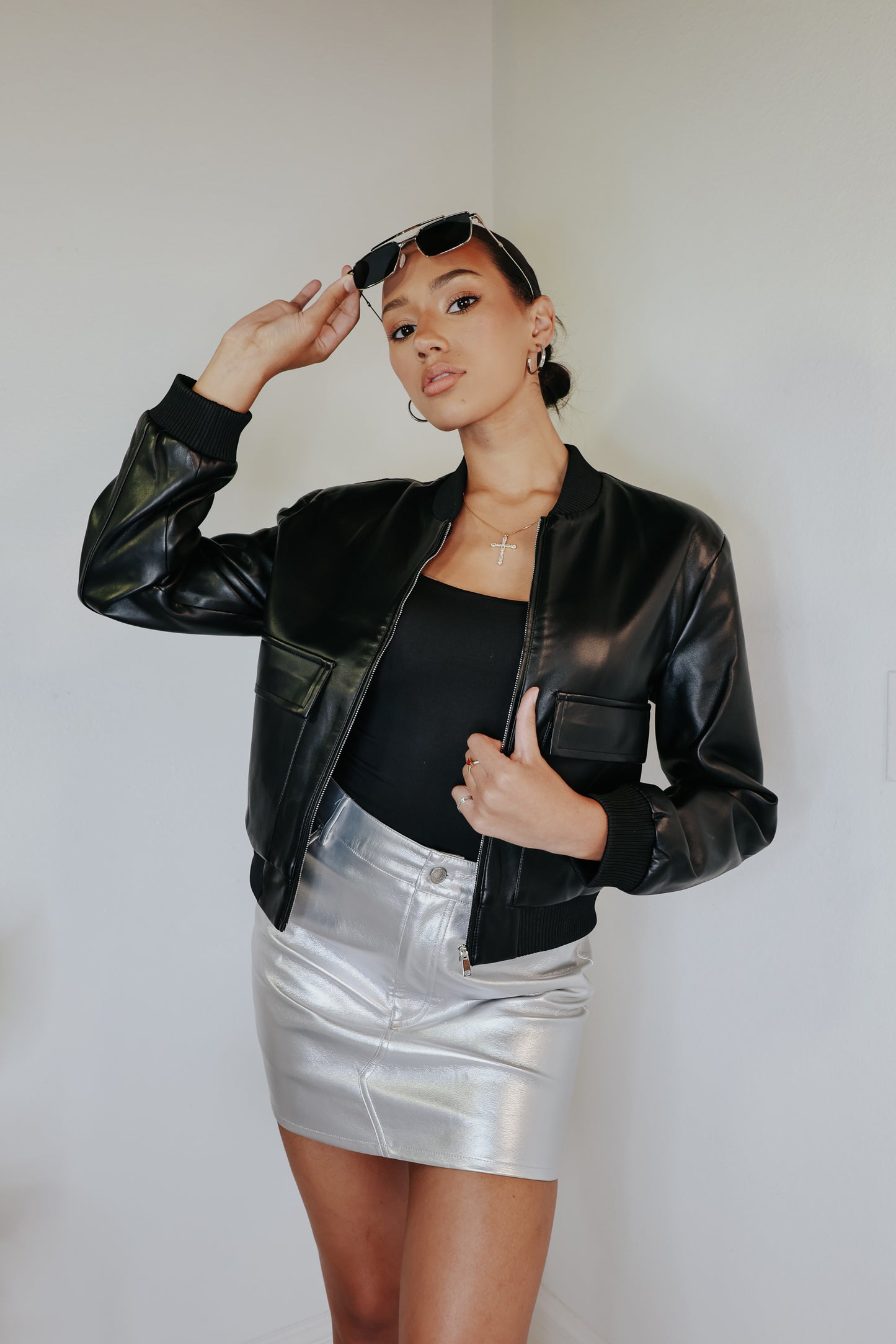 Faux Leather Hustle Mode Bomber Jacket