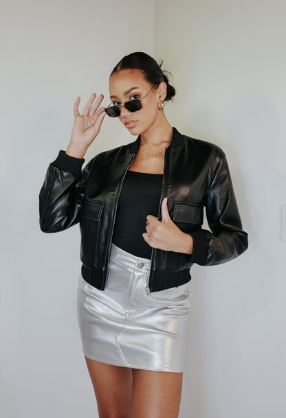 Faux Leather Hustle Mode Bomber Jacket