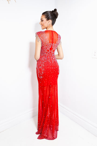 Fiery Temptress Rhinestone Mesh Gown