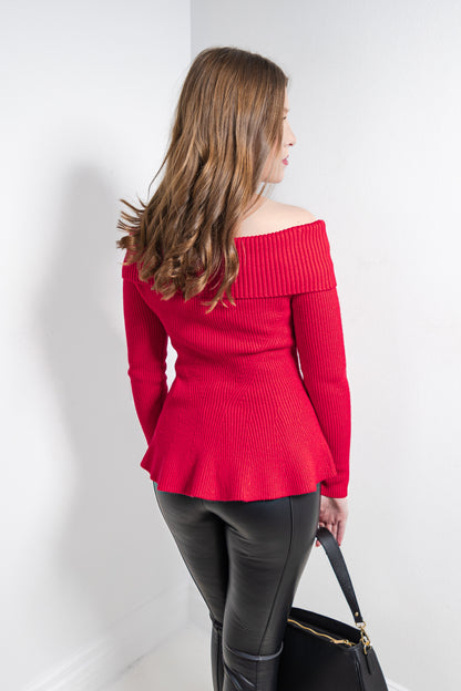 Flirt In Red Off Shoulder Sweater Top