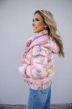 Floral Print Pink Puff Jacket-Jackets-KCoutureBoutique, women's boutique in Bossier City, Louisiana