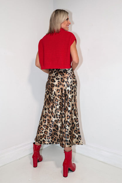 Vintage Leopard Print Satin High Waist Midi Skirt