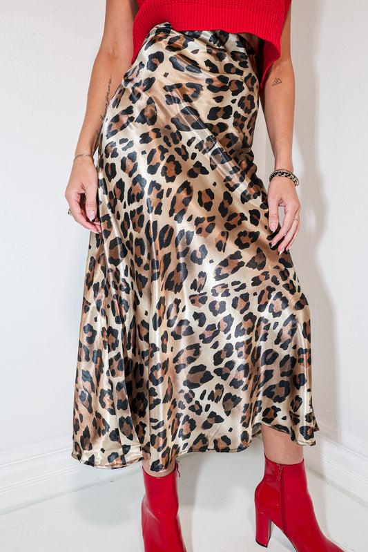 Vintage Leopard Print Satin High Waist Midi Skirt