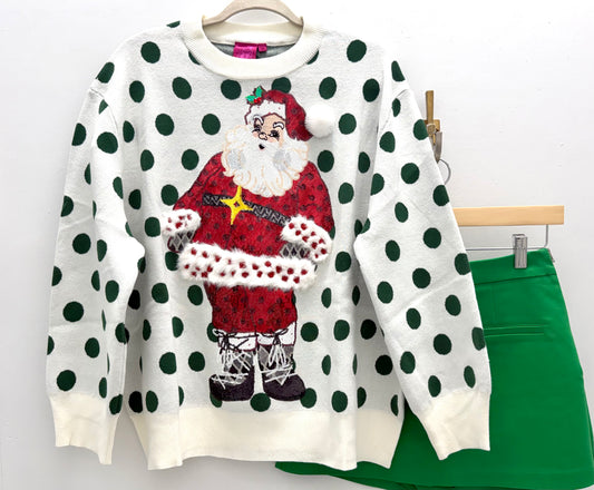 QOS White & Green Polka Dot Sequin Santa Sweater