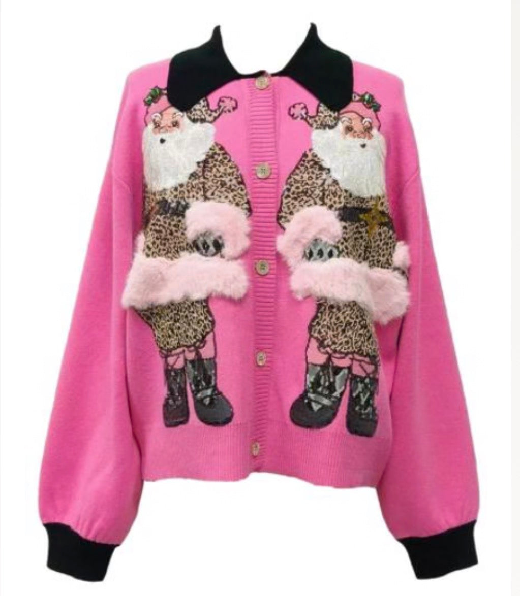 QOS Pink & Black Collar Santa in Leopard Suit Cardigan