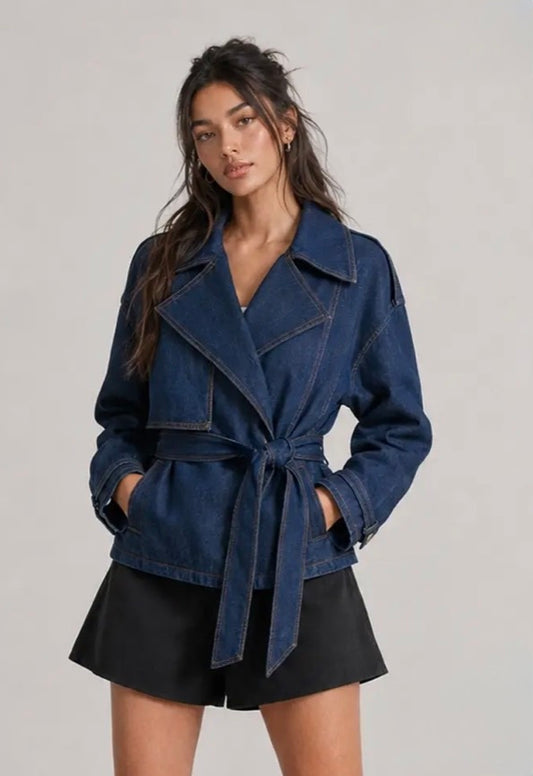 Downtown Cropped Denim Trench Jacket