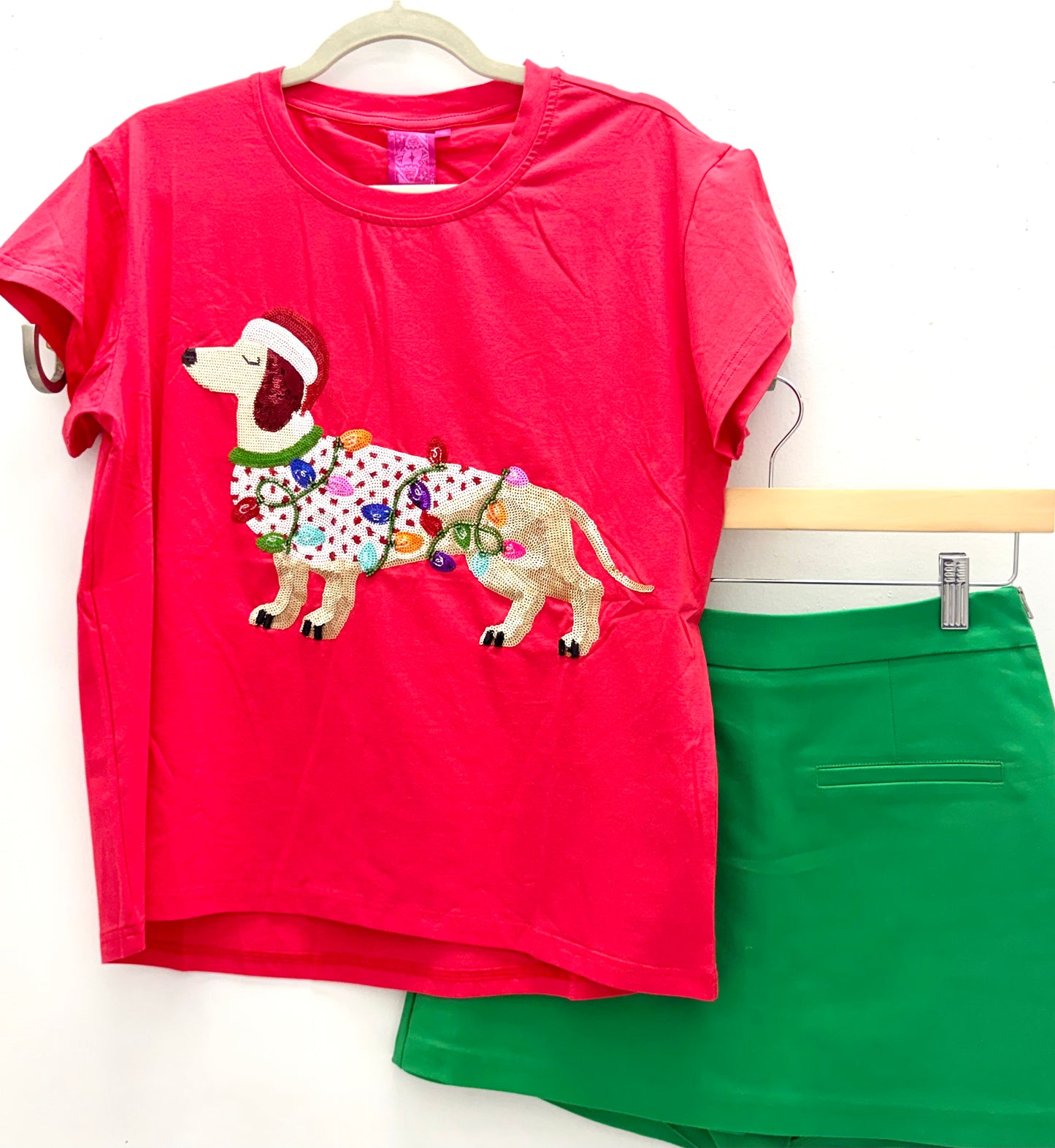 QOS Red Weenie Dog in Christmas Lights Tee