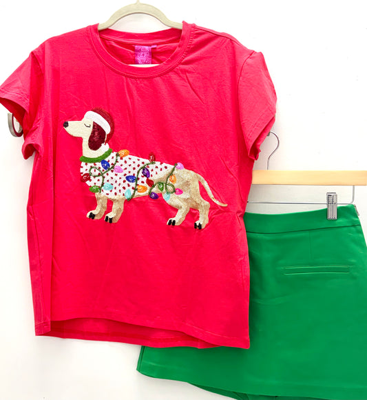 QOS Red Weenie Dog in Christmas Lights Tee