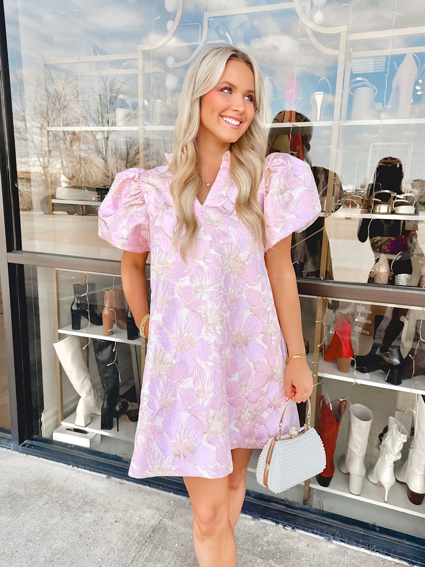 pastel jacquard dress ASOS LUXE jacquard off shoulder 3D floral skater mini dress in gold and pastel floral